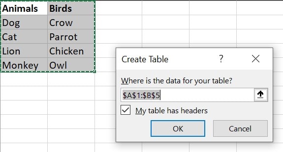 Create Table Dialogue in Excel